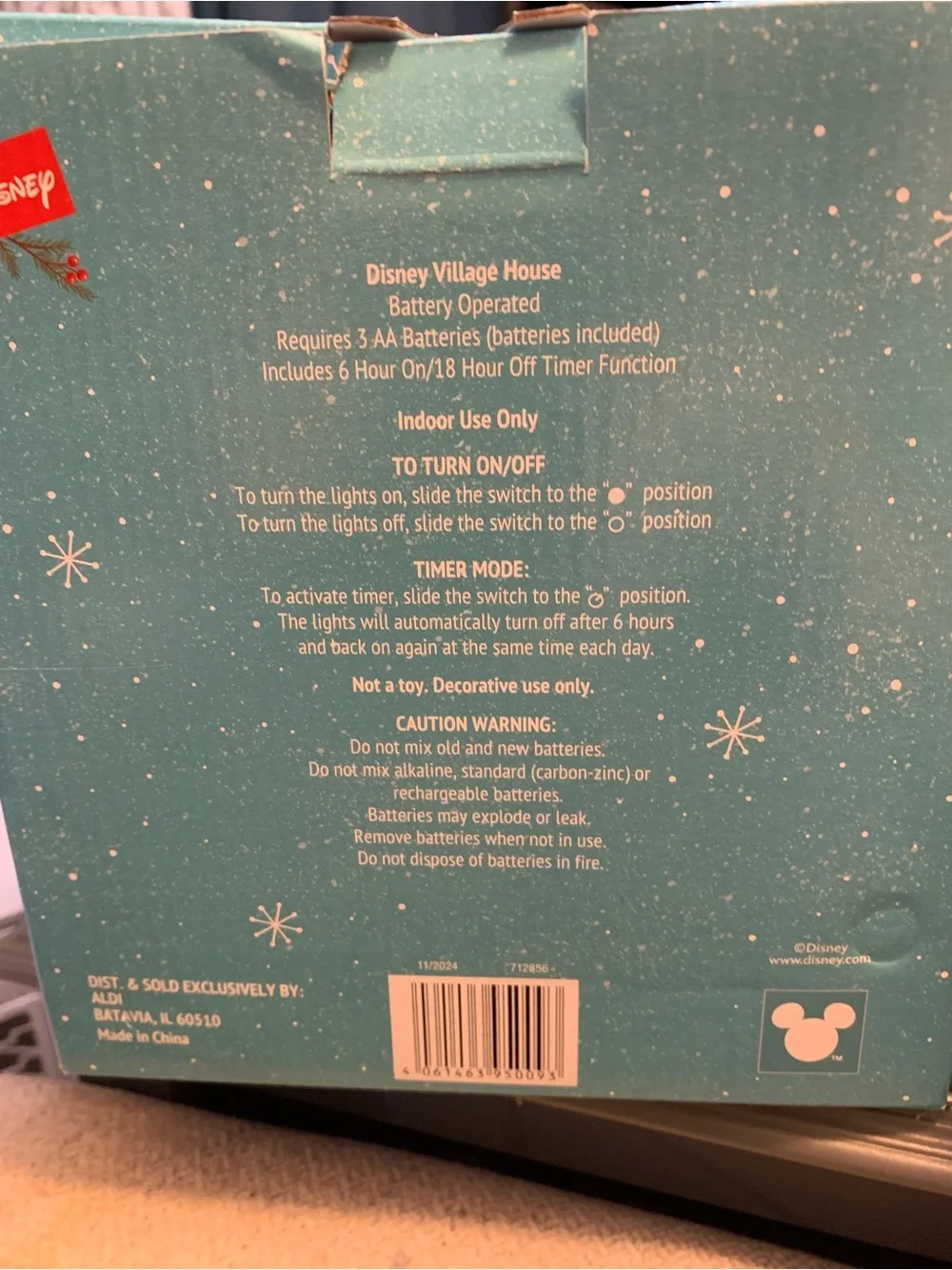 Disney Village House Holiday Figurine with Blue Box and Green Tree